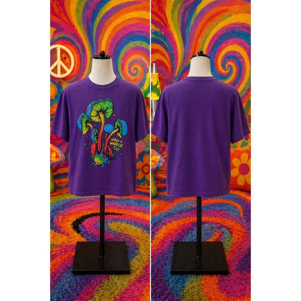 Psychedelic Mushroom Frog Tee XL Purple “Have a Magical Day”